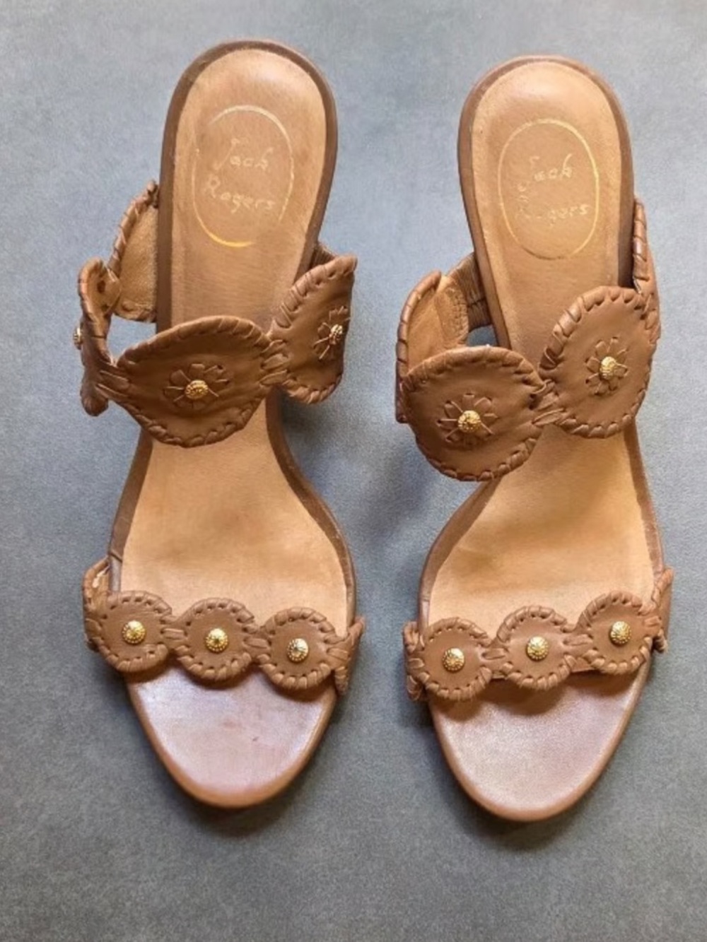 Jack Rogers Tan Leather Scalloped Slide Wedge Sandals